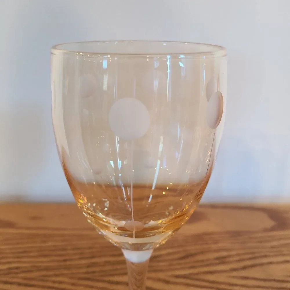 Vintage Golden Amber Light Yellow Iridescent Wine Glasses With Etching Set of 2